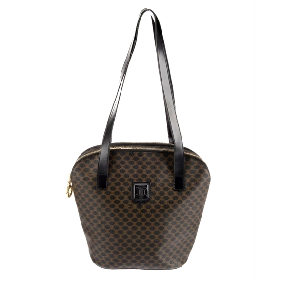 Celine | Double Zip Shoulder Tote Bag | Macadam Canvas & Black Leather | Vintage - Picture 1 of 16